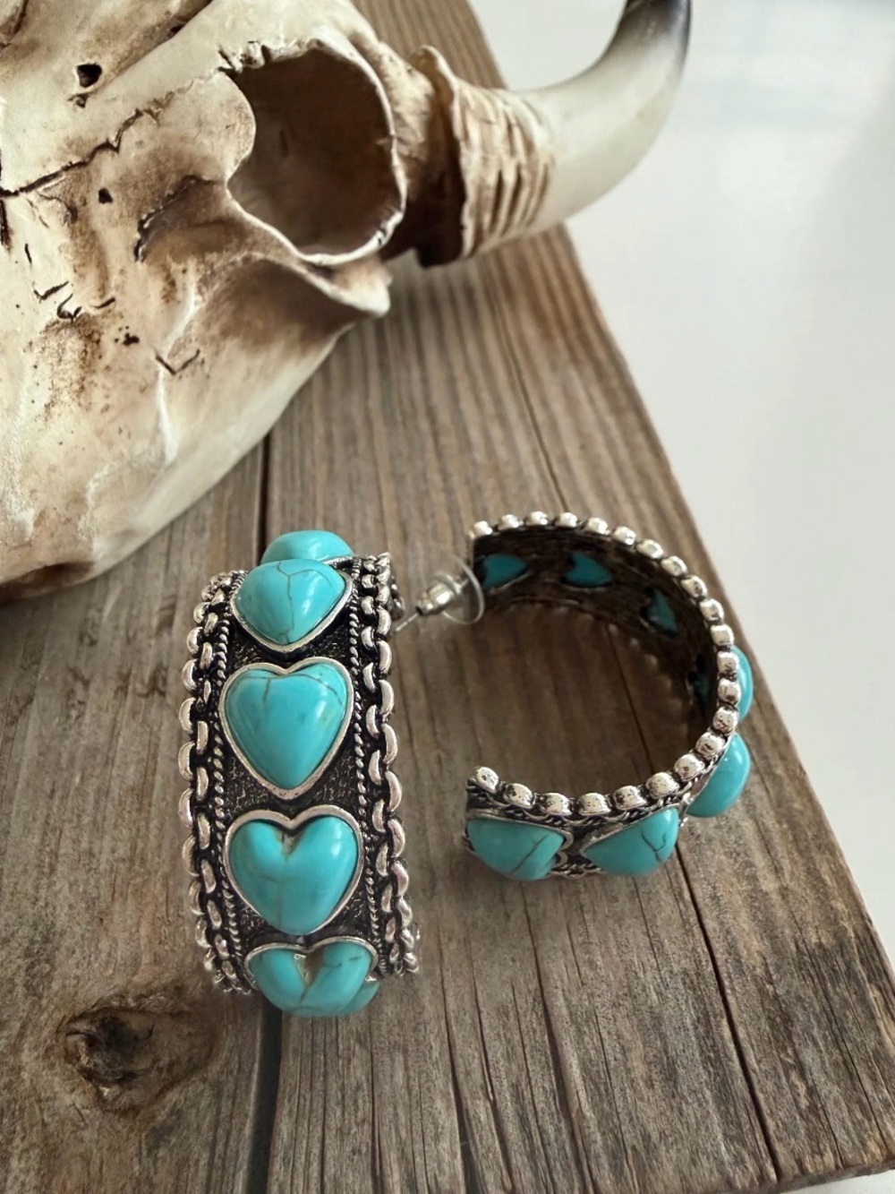 Teal blue heart western turquoise boho stone Crystal rhinestone earrings